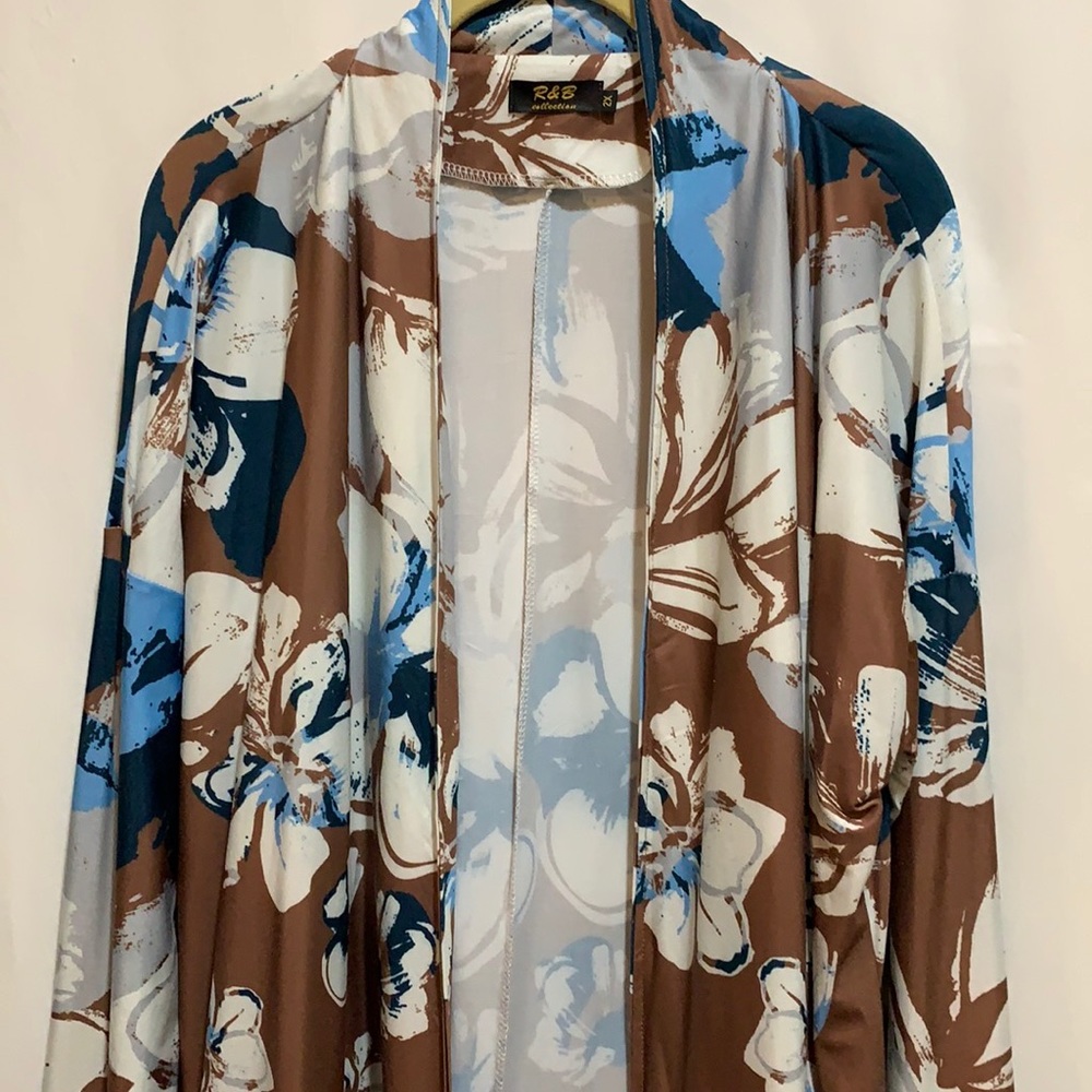 R&B KIMONO SZ 2X BROWN/TURQUOISE POLY WATERCOLOR